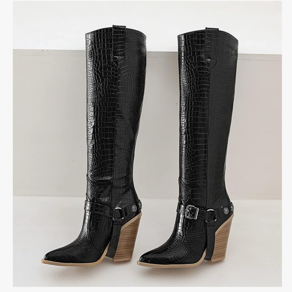 Black Croc-Embossed Heeled Boots